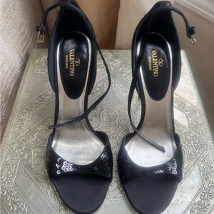 Valentino Garavani Black Sequin Angle Strap Heels